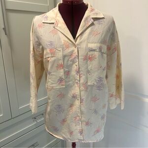 CABRAIS Cream Button Up Blouse with Pastel Paint Splatter Print Size Medium